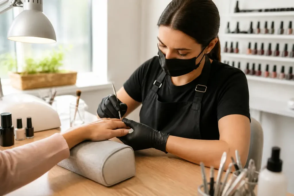 Gros plan sur une table de manucure professionnelle pour illustrer la manucure russe danger et les précautions à prendre