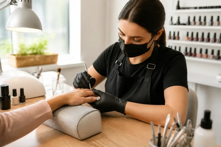 Gros plan sur une table de manucure professionnelle pour illustrer la manucure russe danger et les précautions à prendre
