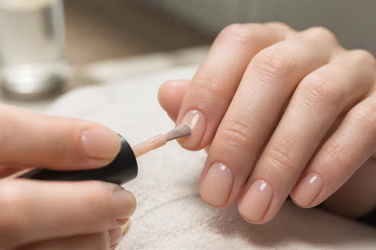 Application d'un vernis nude en couches fines pour une manucure simple sur ongle court