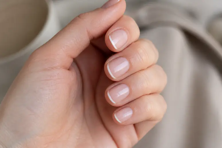 Manucure simple ongle court avec une mini-French discrète et élégante
