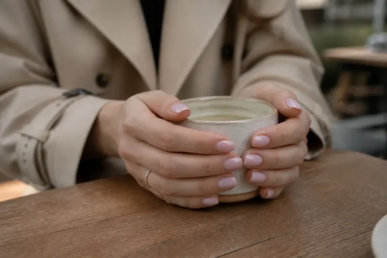 Mains soignées avec une manucure simple ongle court dans un café lumineux