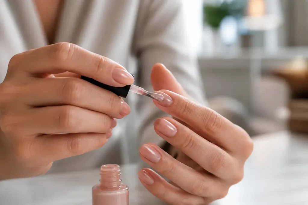 Application d'une manucure tendance 2026 : mains soignées appliquant un vernis nude scintillant.