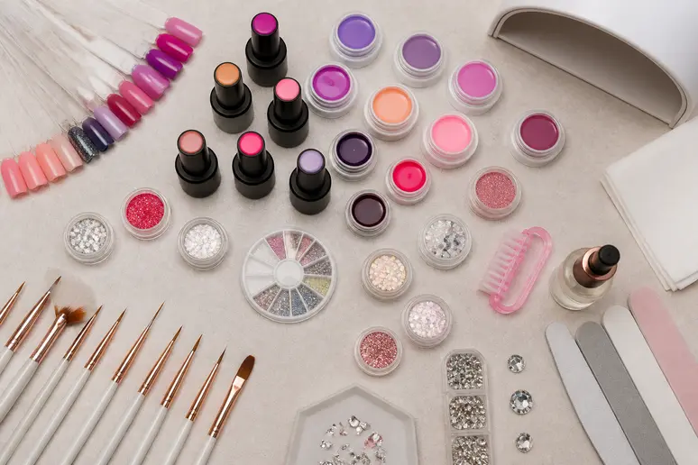 Matériel et produits pour une formation nail art : vernis, pinceaux.