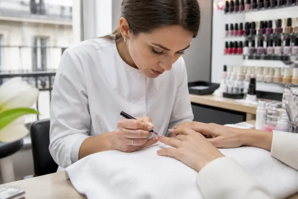 Formation nail art : pose méticuleuse de vernis gel par une professionnelle en salon