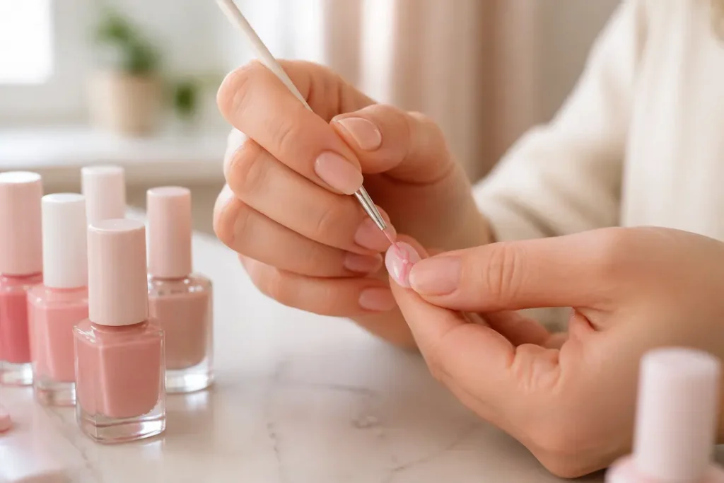 Application de nail art octobre rose sur un ongle avec des vernis roses.