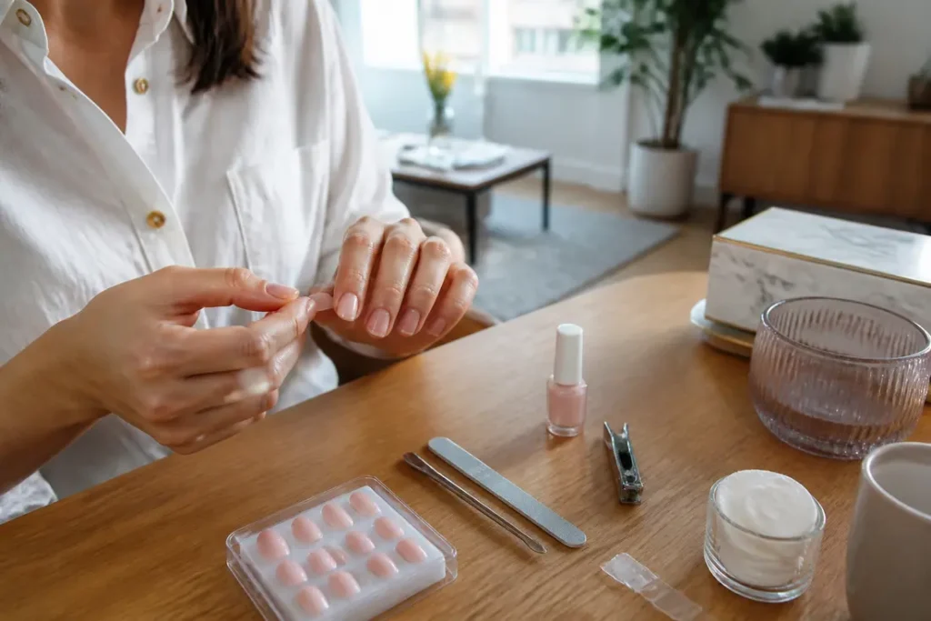 Mains soignées préparant la pose de faux ongles pour un nail art ongles courts à domicile.