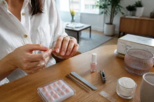 Mains soignées préparant la pose de faux ongles pour un nail art ongles courts à domicile.