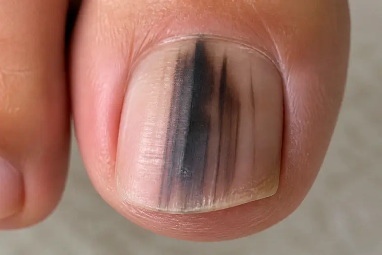 Stries noires irrégulières sur un ongle de pied, indiquant un possible ongle de pied noir sans choc potentiellement grave.
