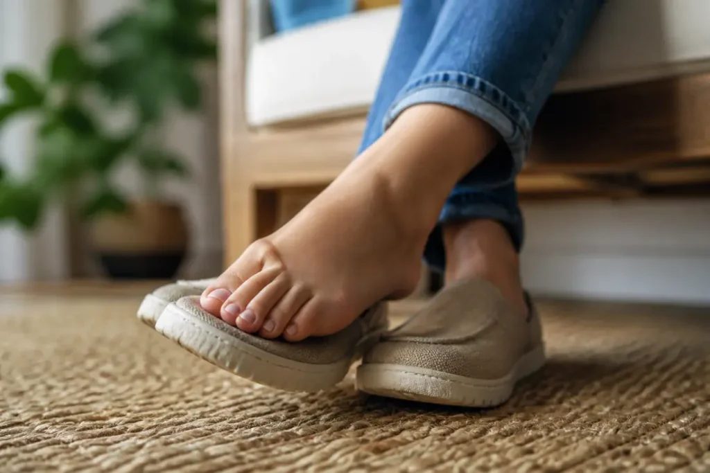 Gros plan sur des pieds révélant des ongles de pieds jaunes et épais sur un tapis.