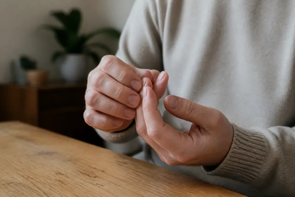 Gros plan sur des mains examinant des ongles dédoublés causes potentielles à la maison