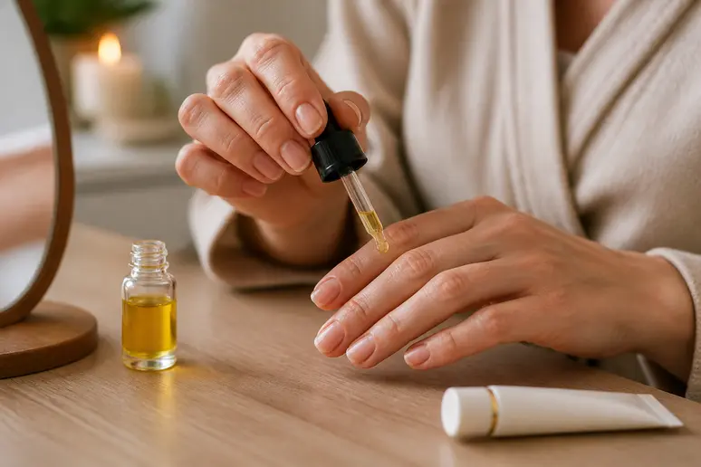 Application d'une huile nourrissante pour la repousse des ongles en gel couleur été.