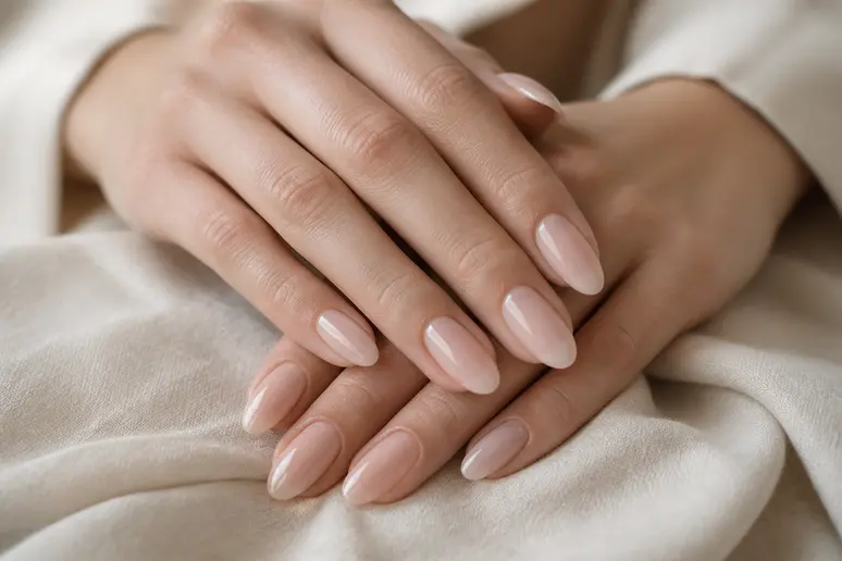 Ongles de forme amande vernis de couleur nude pour un effet visuel de doigts plus fins.
