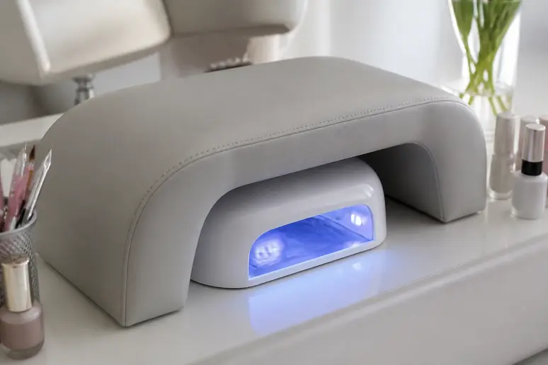 Repose-main de manucure de type 'U' permettant le passage d'une lampe UV, optimisant l'espace.