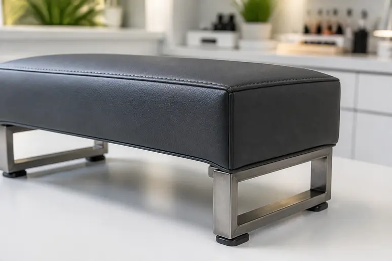 Gros plan sur la base stable et les pieds antidérapants d'un repose-main de manucure professionnel.