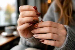 Manucure d'automne élégante avec une tendance nail art automne sur les ongles.
