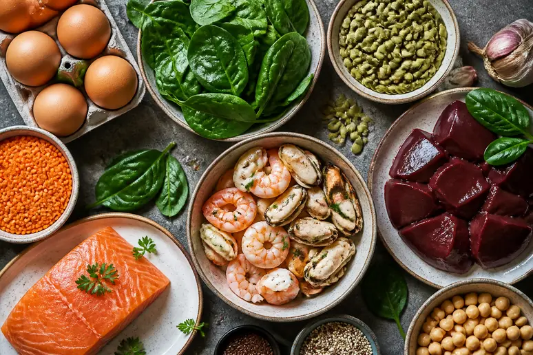 Variété d'aliments : œufs, lentilles, épinards, graines de courge, fruits de mer, sources de vitamines pour les ongles cassants.