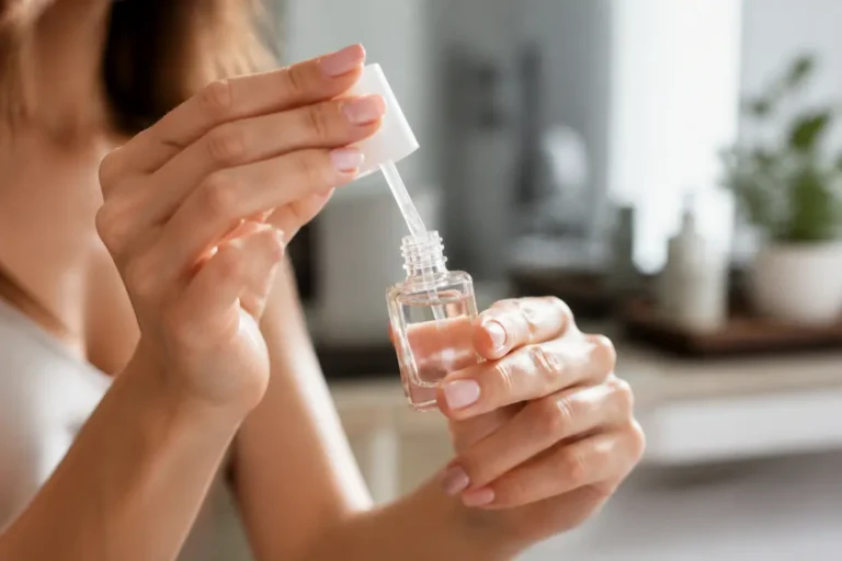 Gros plan sur des mains utilisant des vitamines pour les ongles cassants dans un intérieur