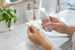 un soin cutané avec un bouton poil incarné traité sur le lavabo