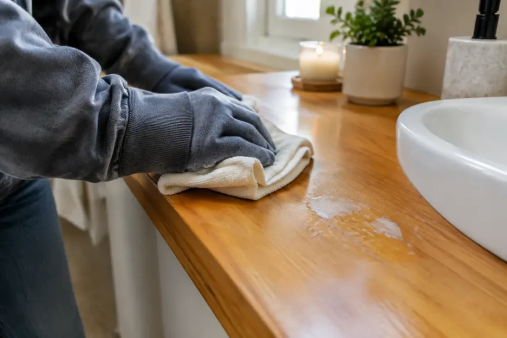 comment enlever cire épilation sur un plan de travail en bois avec un linge chaud