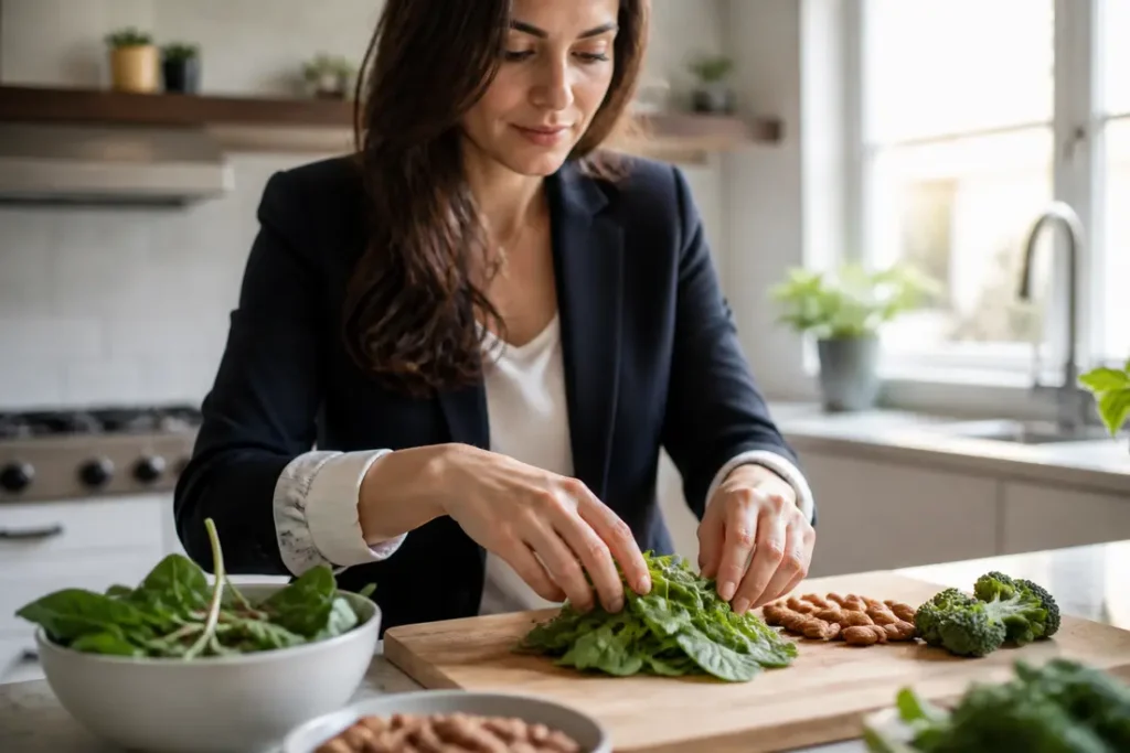 Une femme cuisine des produits frais pour savoir comment faire pousser ses ongles plus vite naturellement.