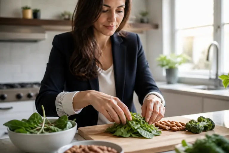 Une femme cuisine des produits frais pour savoir comment faire pousser ses ongles plus vite naturellement.