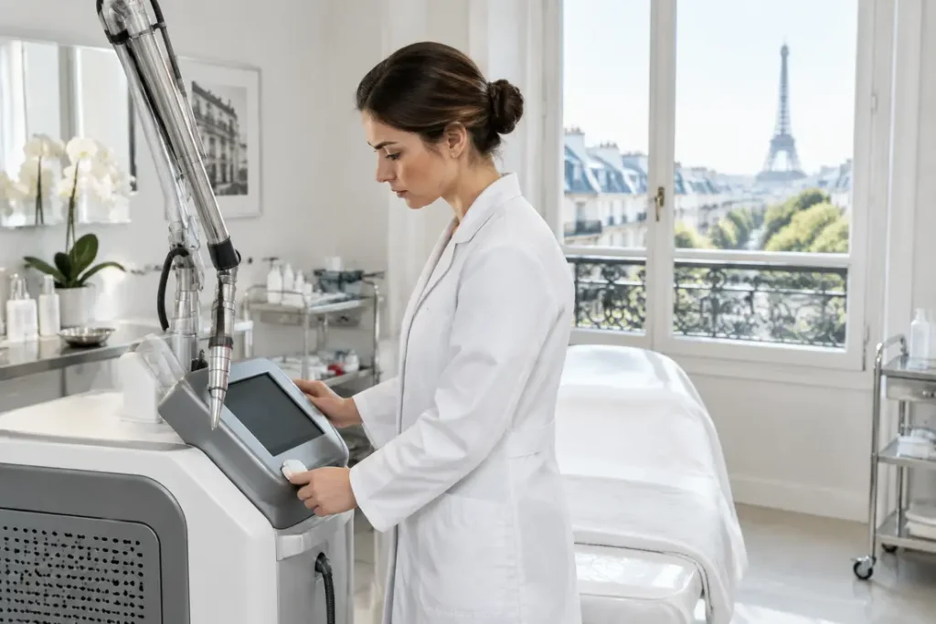 Une dermatologue règle un appareil de haute technologie pour une séance d'épilation définitive en cabinet médical.