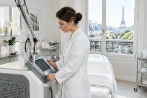 Une dermatologue règle un appareil de haute technologie pour une séance d'épilation définitive en cabinet médical.