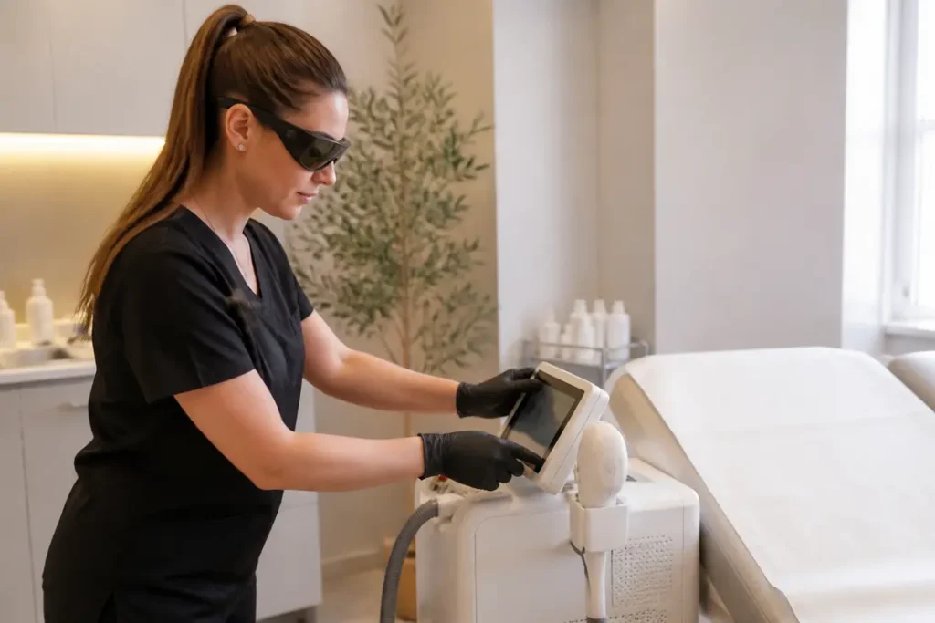 Unité de soin moderne en cabinet dermatologique pour une épilation définitive des jambes professionnelle