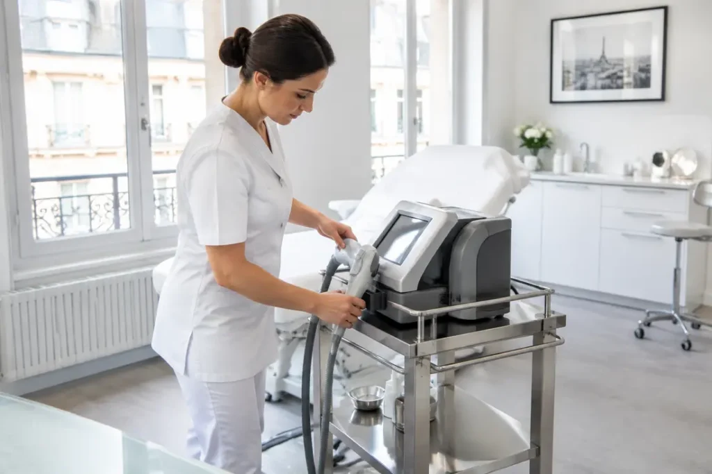 Appareil médical moderne dans une clinique dermatologique pour une épilation définitive du dos.