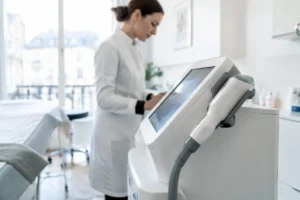 Matériel professionnel de dermatologie dans un cabinet médical pour une épilation définitive poils blancs