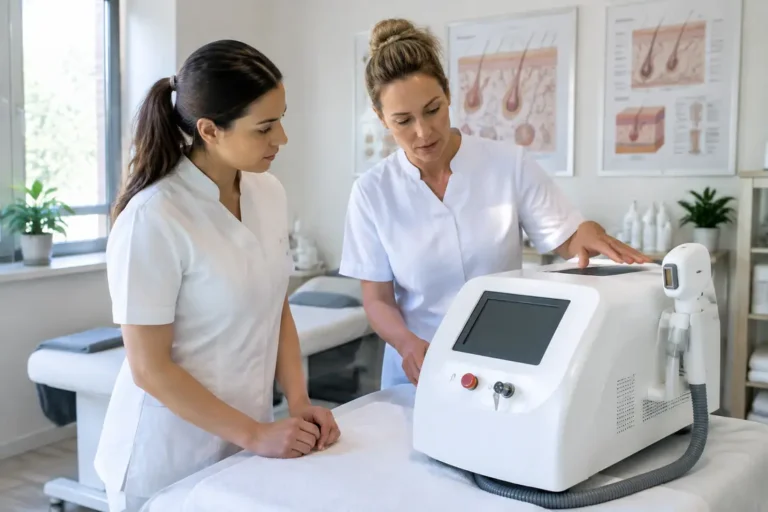 professionnelles en blouse blanche suivant une formation épilation définitive dans une salle de pratique lumineuse