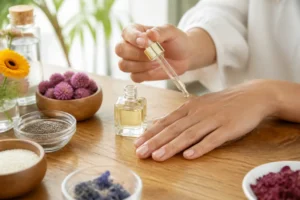 Application d'une huile à cuticules nourrissante sur les ongles près d'ingrédients naturels sur une table