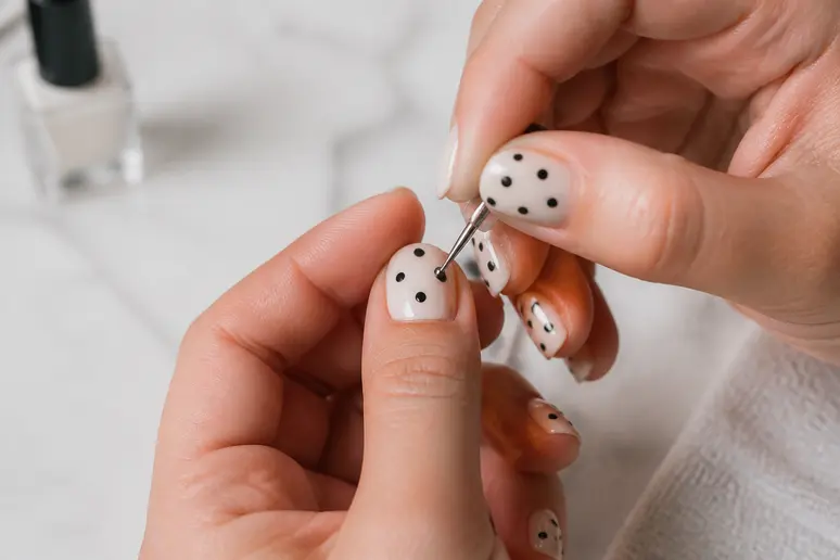 Main posant une idée nail art facile avec une simple épingle sur un ongle vernis