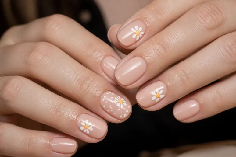 Présentation d'une idée nail art facile avec des motifs floraux minimalistes sur ongles