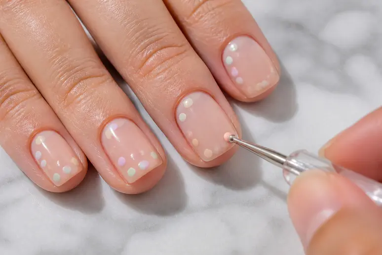 Utilisation d'un dotting tool pour dessiner des pois pastel sur une idée nail art printemps