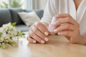 Une idée nail art printemps avec des tons pastel simples sur des ongles courts posés sur une table en bois.