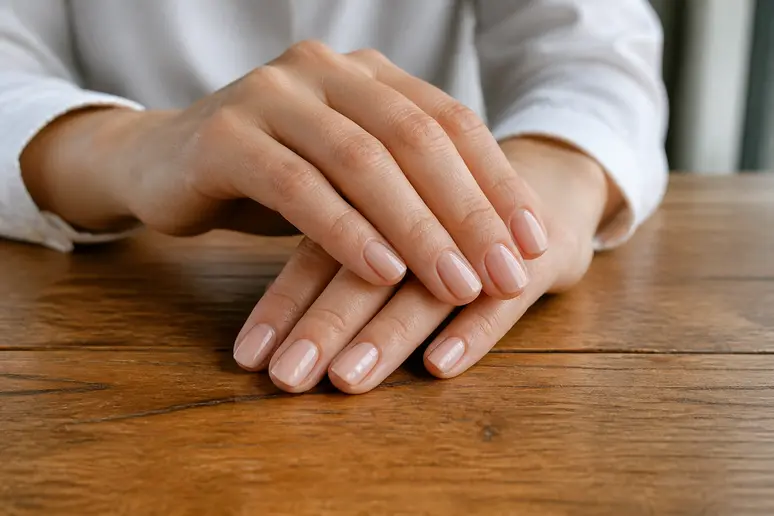 Manucure low nail dans une teinte neutre et soignée sur des ongles courts au quotidien.
