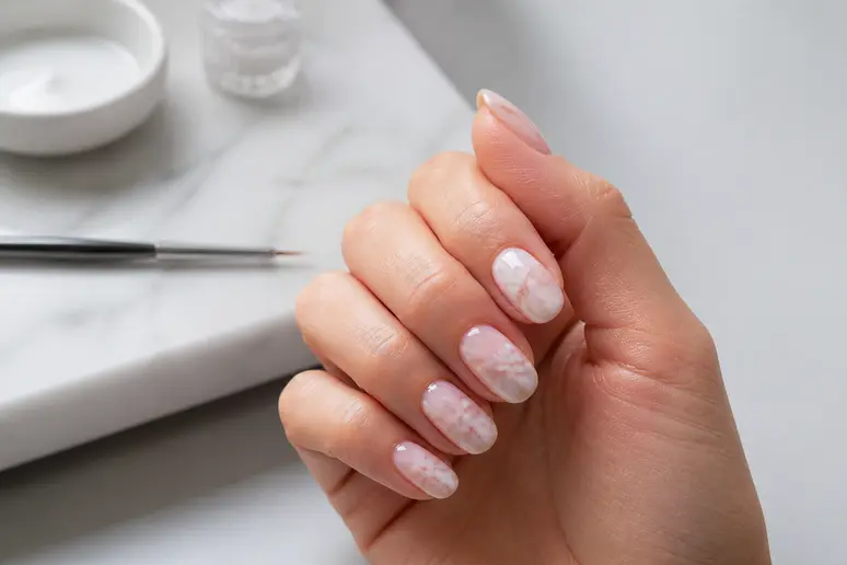 Présentation d'un nail art effet marbre réussi avec des veines contrastées