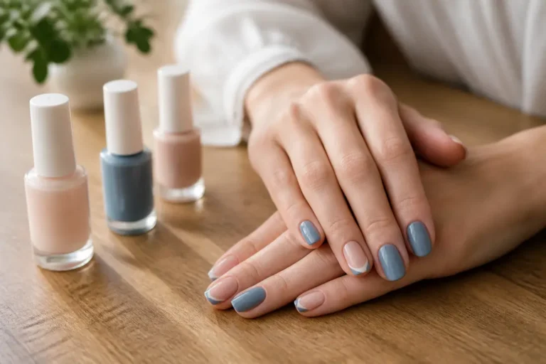 Mains présentants une manucure tendance avec des motifs de nail art janvier aux nuances bleues et nude.