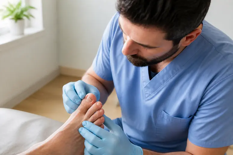 Examen minutieux d'un ongle de pied marron par un professionnel de santé en cabinet