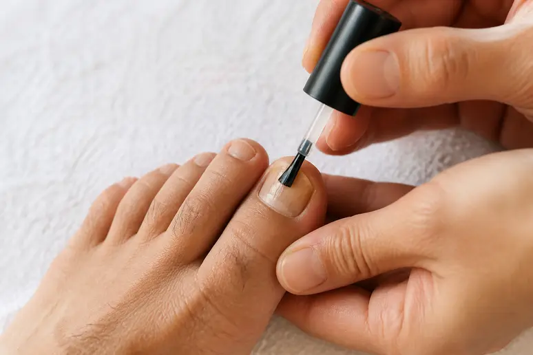 Application d'un vernis antifongique sur un ongle de pied atteint de mycose