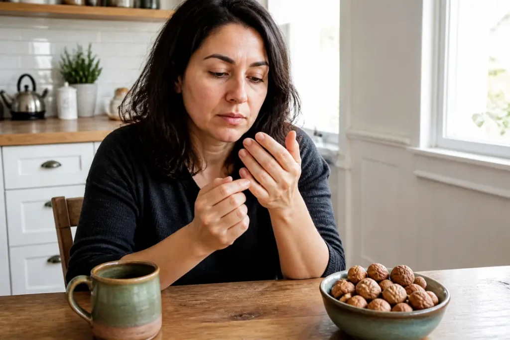 Une personne observe attentivement ses mains pour repérer des ongles cassants carences au quotidien.