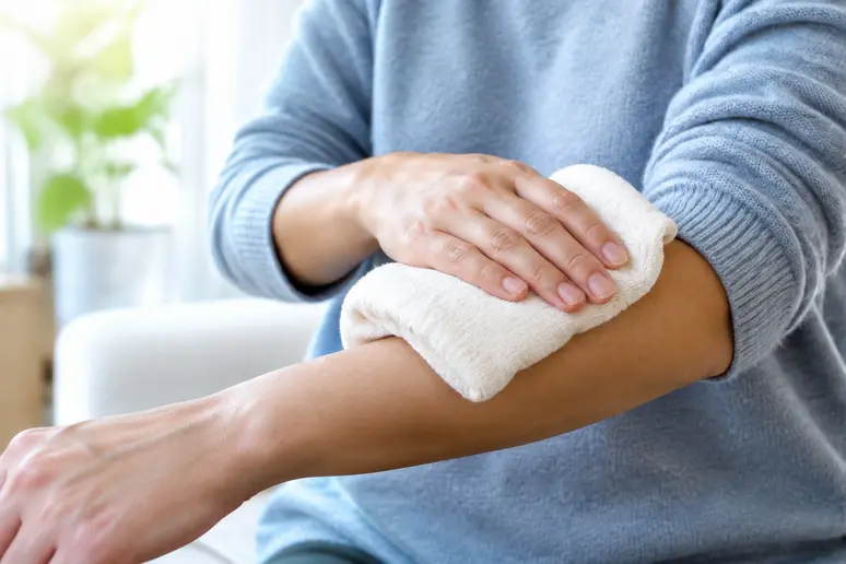 Application d'une compresse tiède sur une zone cutanée pour apaiser un poil incarné.