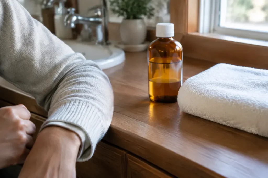 Flacon de lotion antiseptique et serviette propre sur une coiffeuse pour soigner un poil incarné