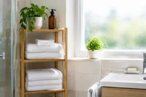 serviettes propres et flacon sur une étagère de salle de bain pour poil incarné maillot que faire