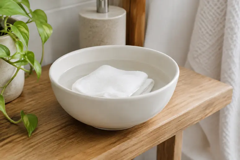 Compresse propre et bol d'eau tiède pour apaiser une irritation cutanée