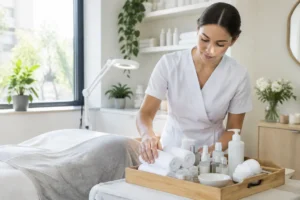 Une esthéticienne prépare des produits de soin dans un salon pour expliquer comment épilation maillot