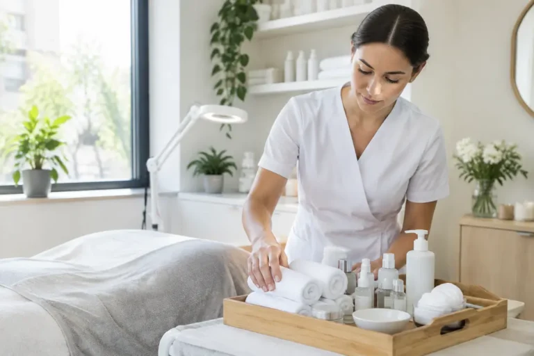Une esthéticienne prépare des produits de soin dans un salon pour expliquer comment épilation maillot