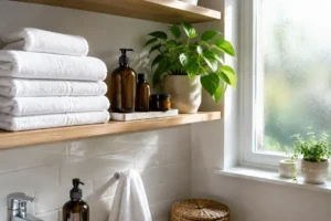 Salle de bains lumineuse avec des serviettes et des produits de soin pour comprendre la différence épilation maillot