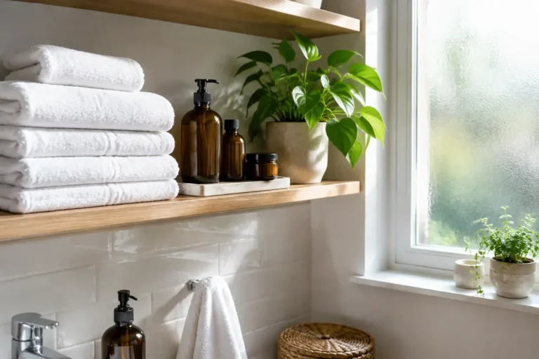 Salle de bains lumineuse avec des serviettes et des produits de soin pour comprendre la différence épilation maillot
